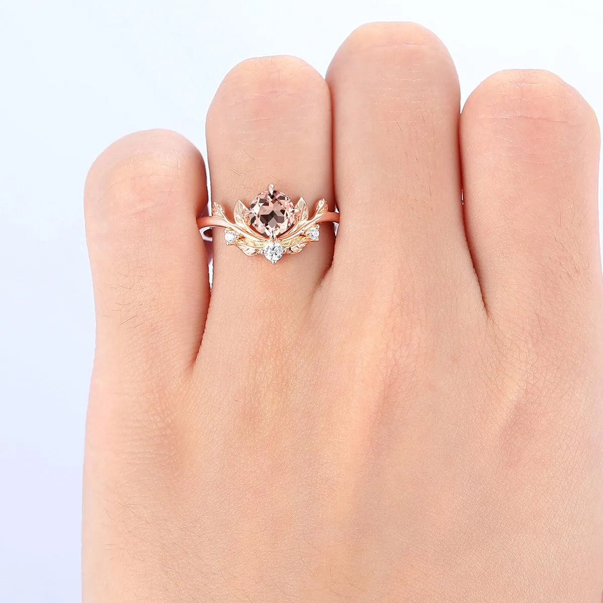 Leaf Vines 0.8ct Round Cut Natural Pink Morganite 10k 14k Gold Bridal Ring