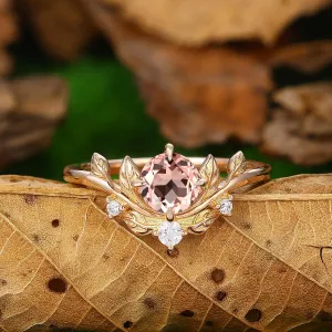 Leaf Vines 0.8ct Round Cut Natural Pink Morganite 10k 14k Gold Bridal Ring