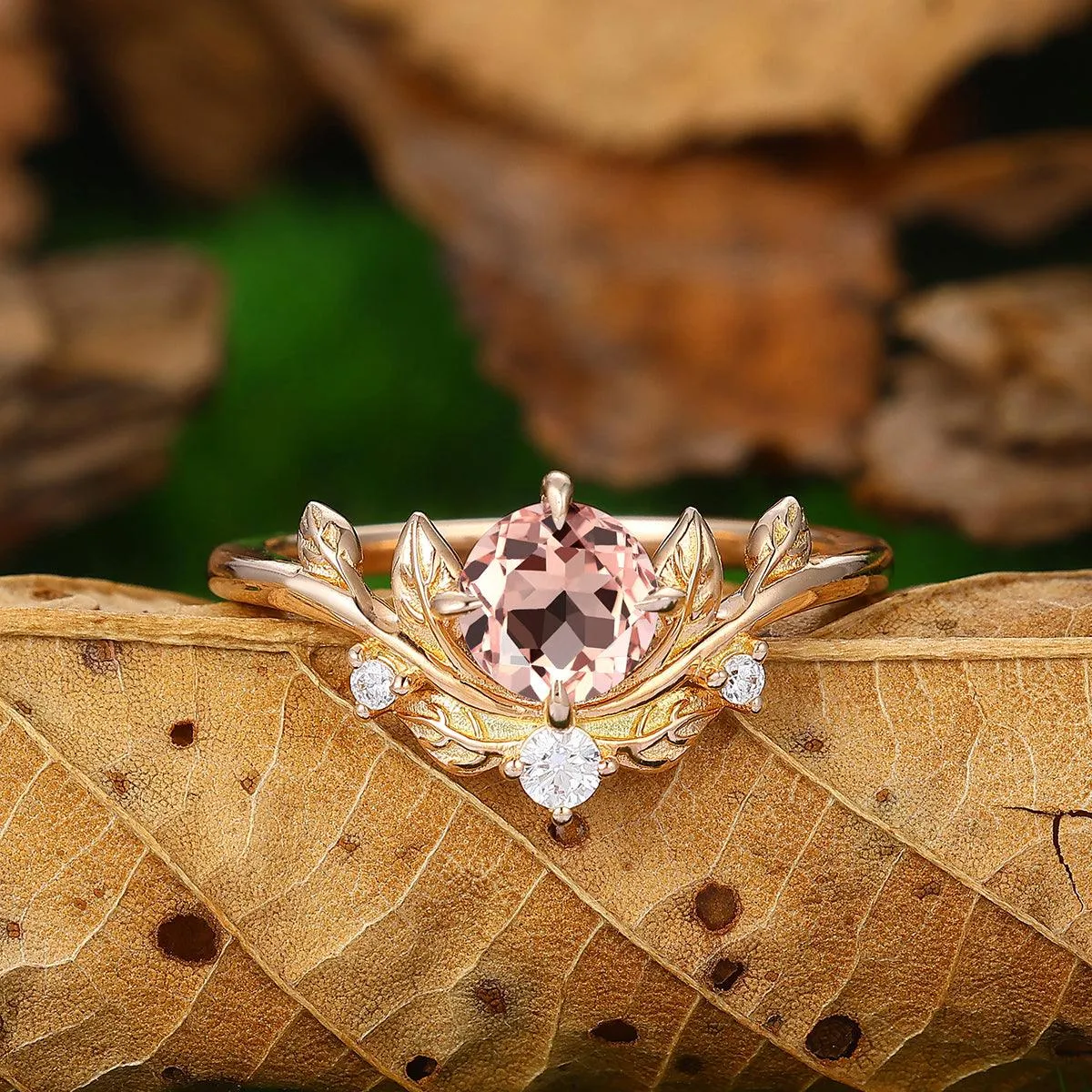 Leaf Vines 0.8ct Round Cut Natural Pink Morganite 10k 14k Gold Bridal Ring
