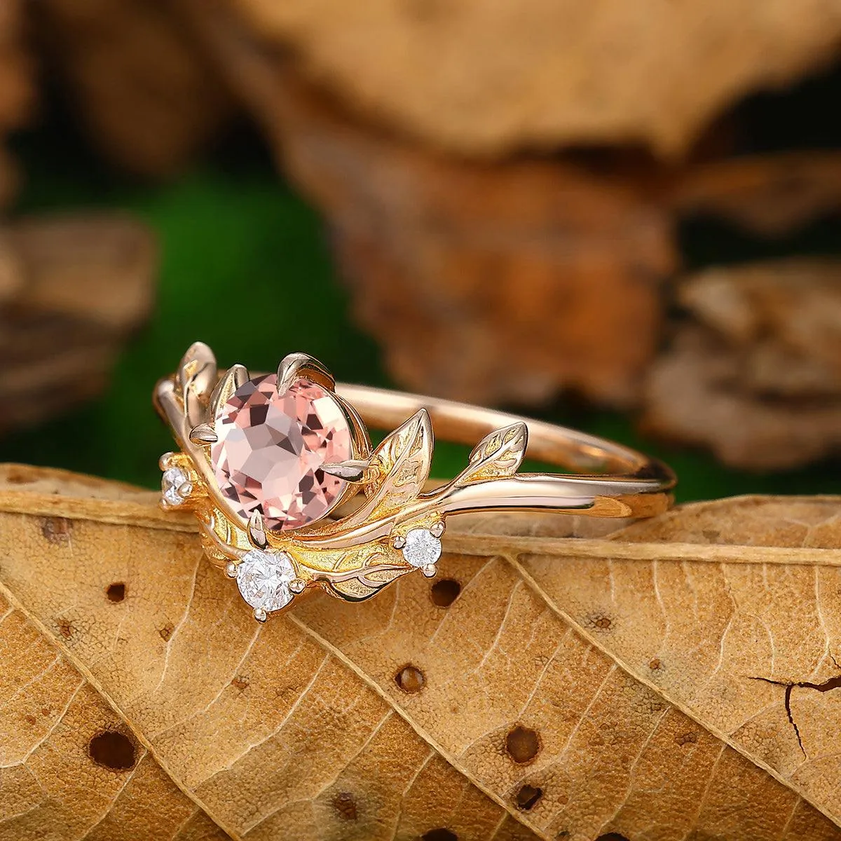 Leaf Vines 0.8ct Round Cut Natural Pink Morganite 10k 14k Gold Bridal Ring