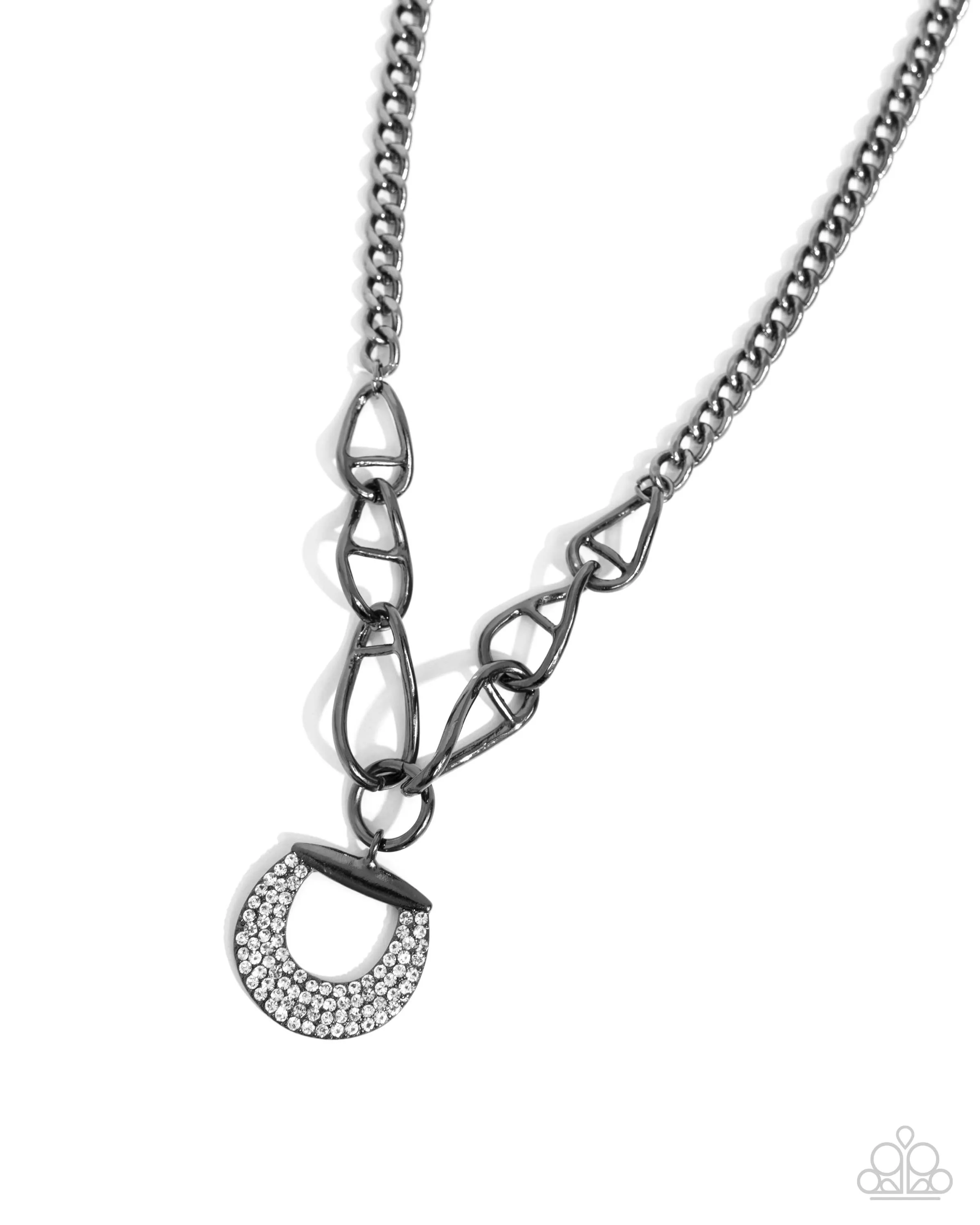 Linked Leader - Black - White Rhinestone Pendant Gunmetal Link Paparazzi Short Necklace