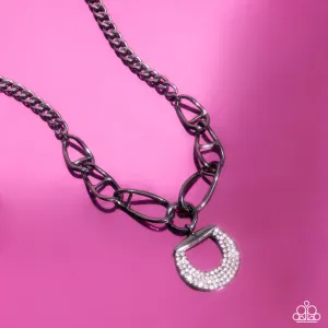 Linked Leader - Black - White Rhinestone Pendant Gunmetal Link Paparazzi Short Necklace