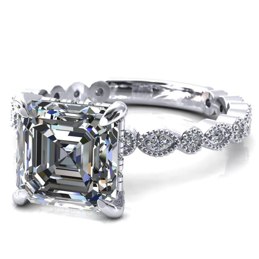 Lizette Asscher Moissanite 4 Claw Prong 3/4 Eternity Milgrain Diamond Shank Engagement Ring