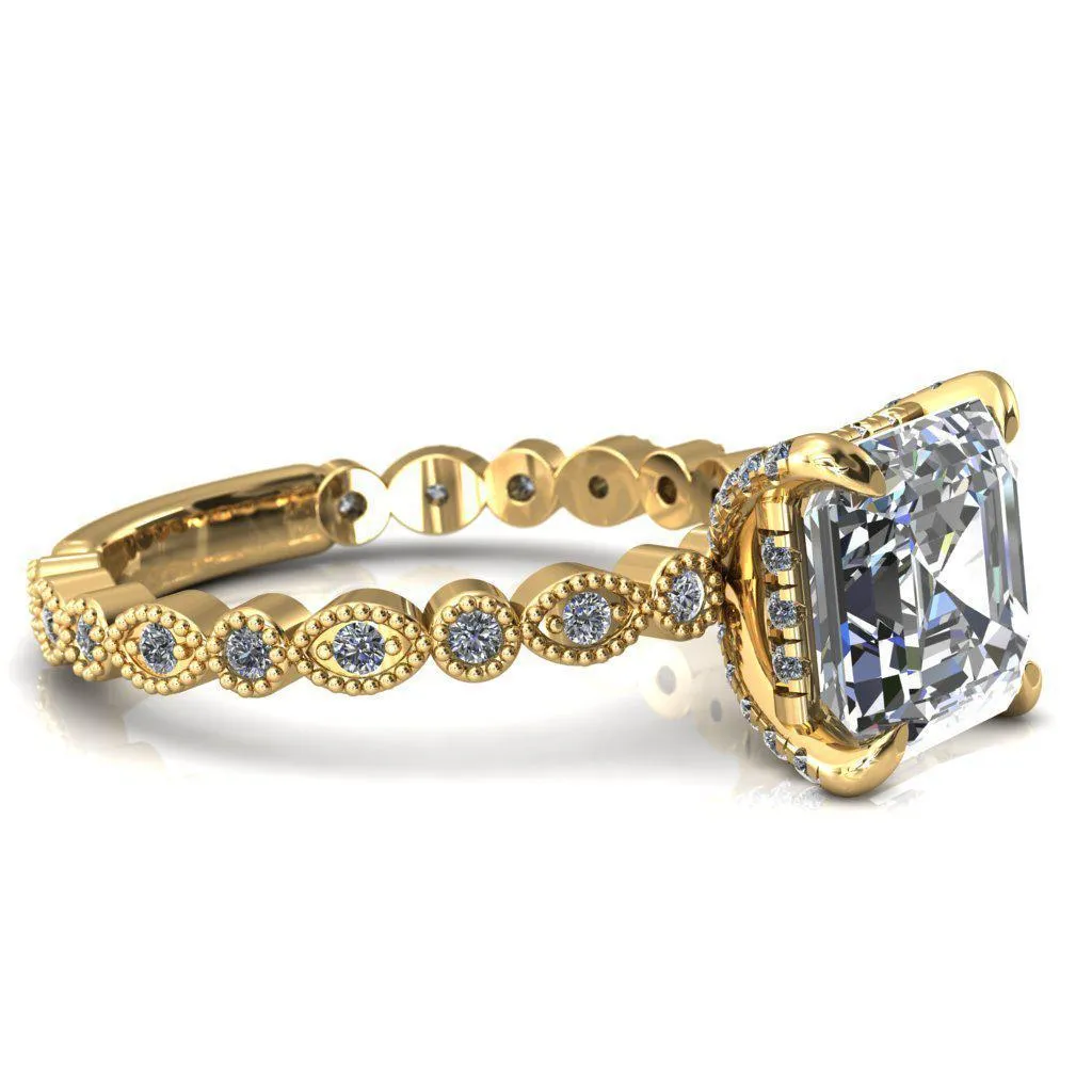 Lizette Asscher Moissanite 4 Claw Prong 3/4 Eternity Milgrain Diamond Shank Engagement Ring