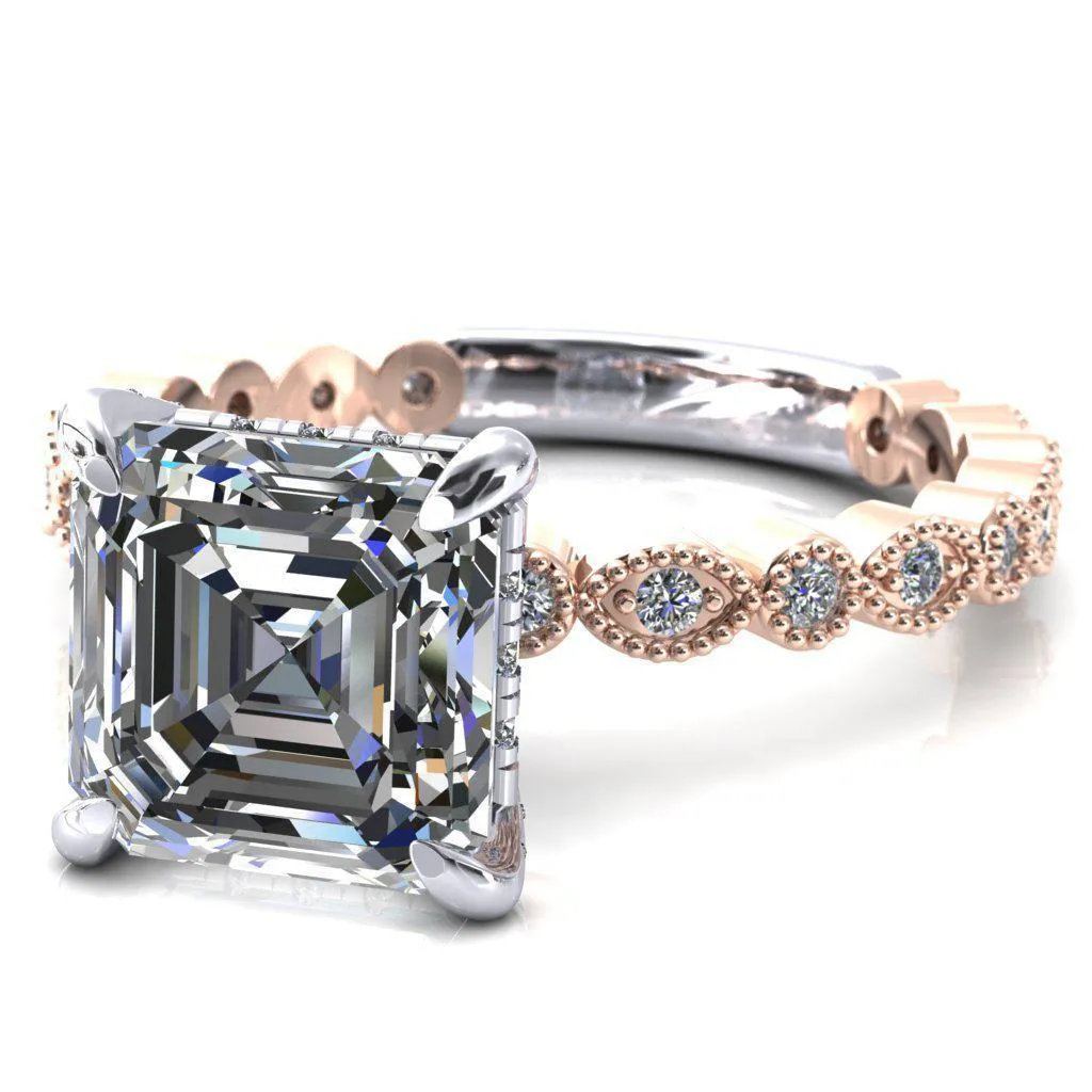 Lizette Asscher Moissanite 4 Claw Prong 3/4 Eternity Milgrain Diamond Shank Engagement Ring