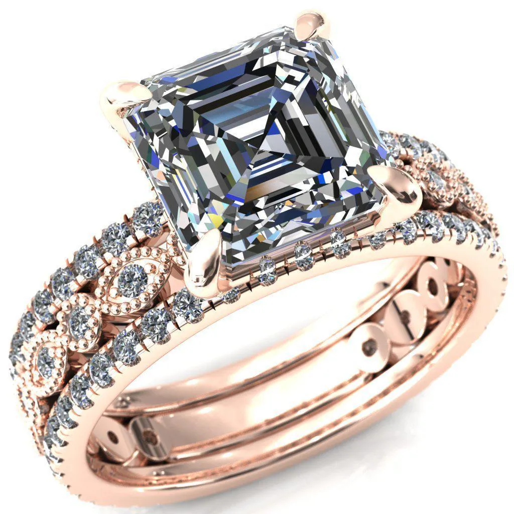 Lizette Asscher Moissanite 4 Claw Prong 3/4 Eternity Milgrain Diamond Shank Engagement Ring