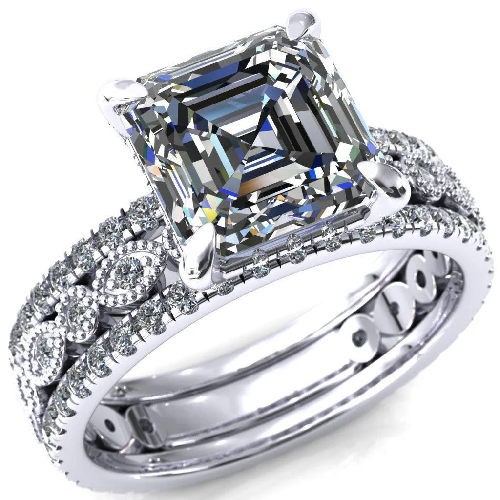 Lizette Asscher Moissanite 4 Claw Prong 3/4 Eternity Milgrain Diamond Shank Engagement Ring