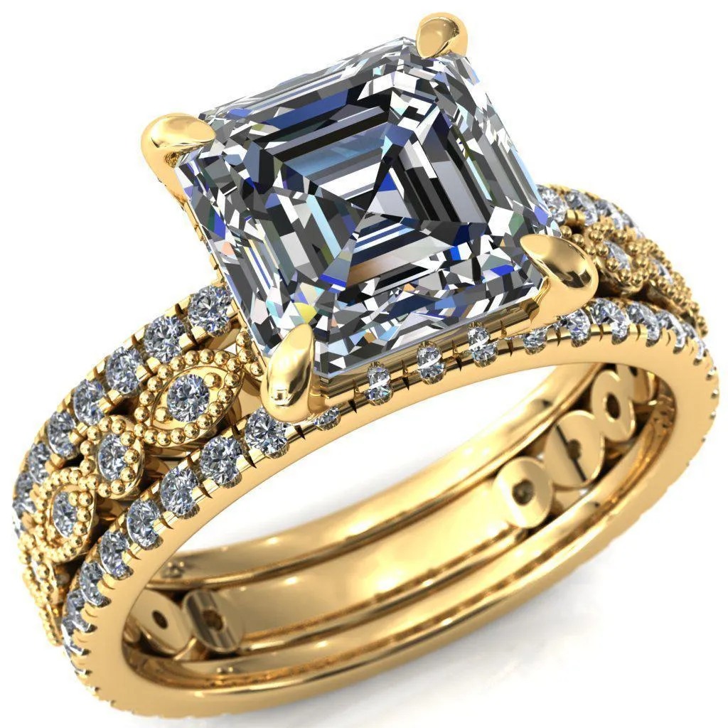 Lizette Asscher Moissanite 4 Claw Prong 3/4 Eternity Milgrain Diamond Shank Engagement Ring