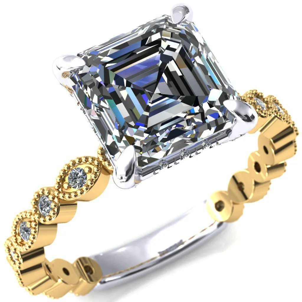 Lizette Asscher Moissanite 4 Claw Prong 3/4 Eternity Milgrain Diamond Shank Engagement Ring