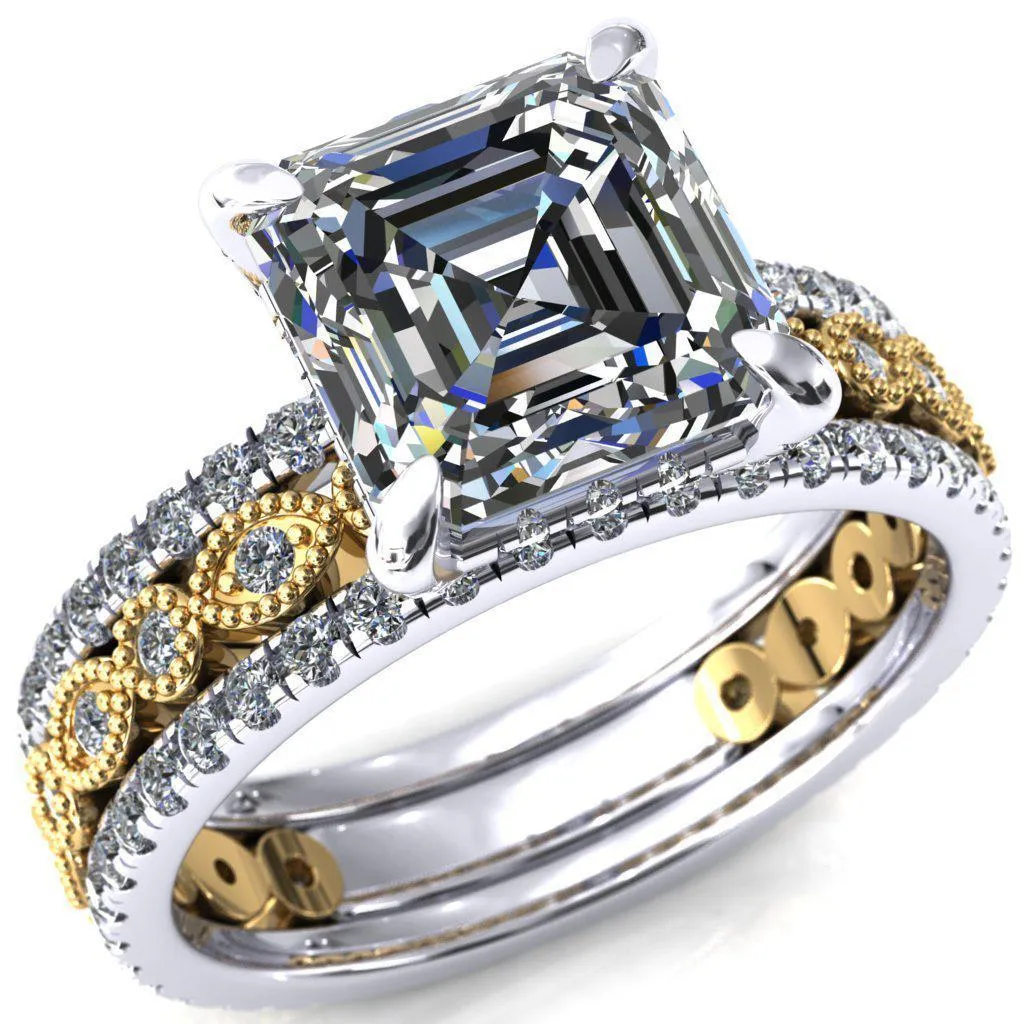 Lizette Asscher Moissanite 4 Claw Prong 3/4 Eternity Milgrain Diamond Shank Engagement Ring