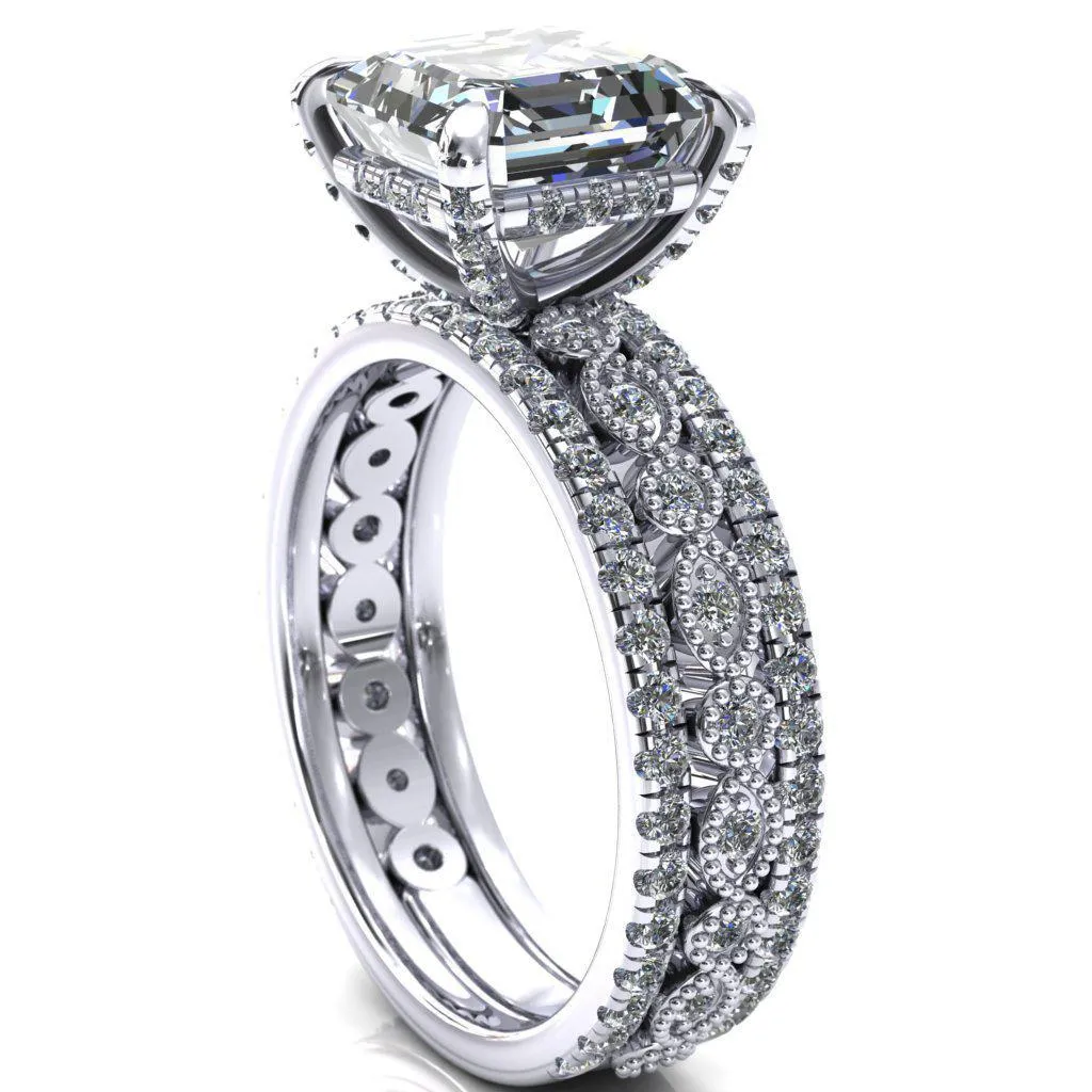 Lizette Asscher Moissanite 4 Claw Prong 3/4 Eternity Milgrain Diamond Shank Engagement Ring