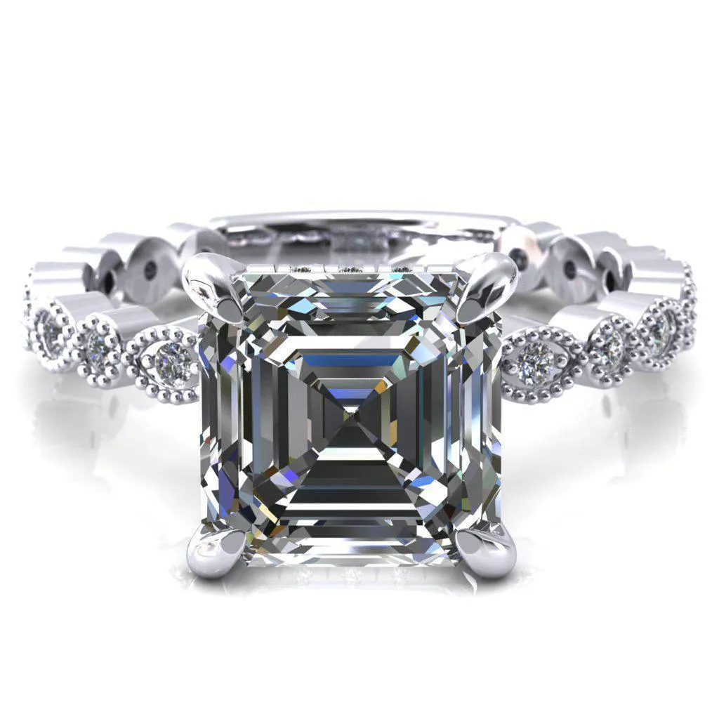 Lizette Asscher Moissanite 4 Claw Prong 3/4 Eternity Milgrain Diamond Shank Engagement Ring