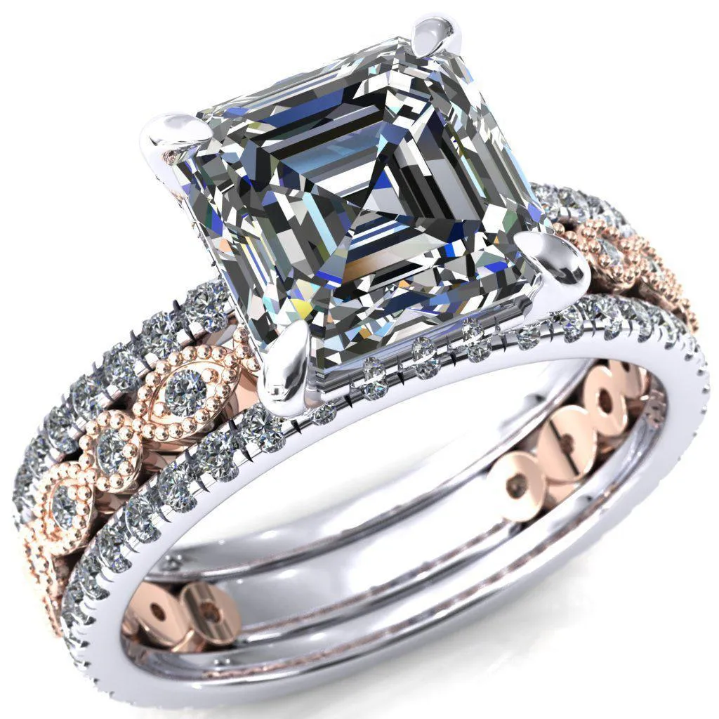 Lizette Asscher Moissanite 4 Claw Prong 3/4 Eternity Milgrain Diamond Shank Engagement Ring