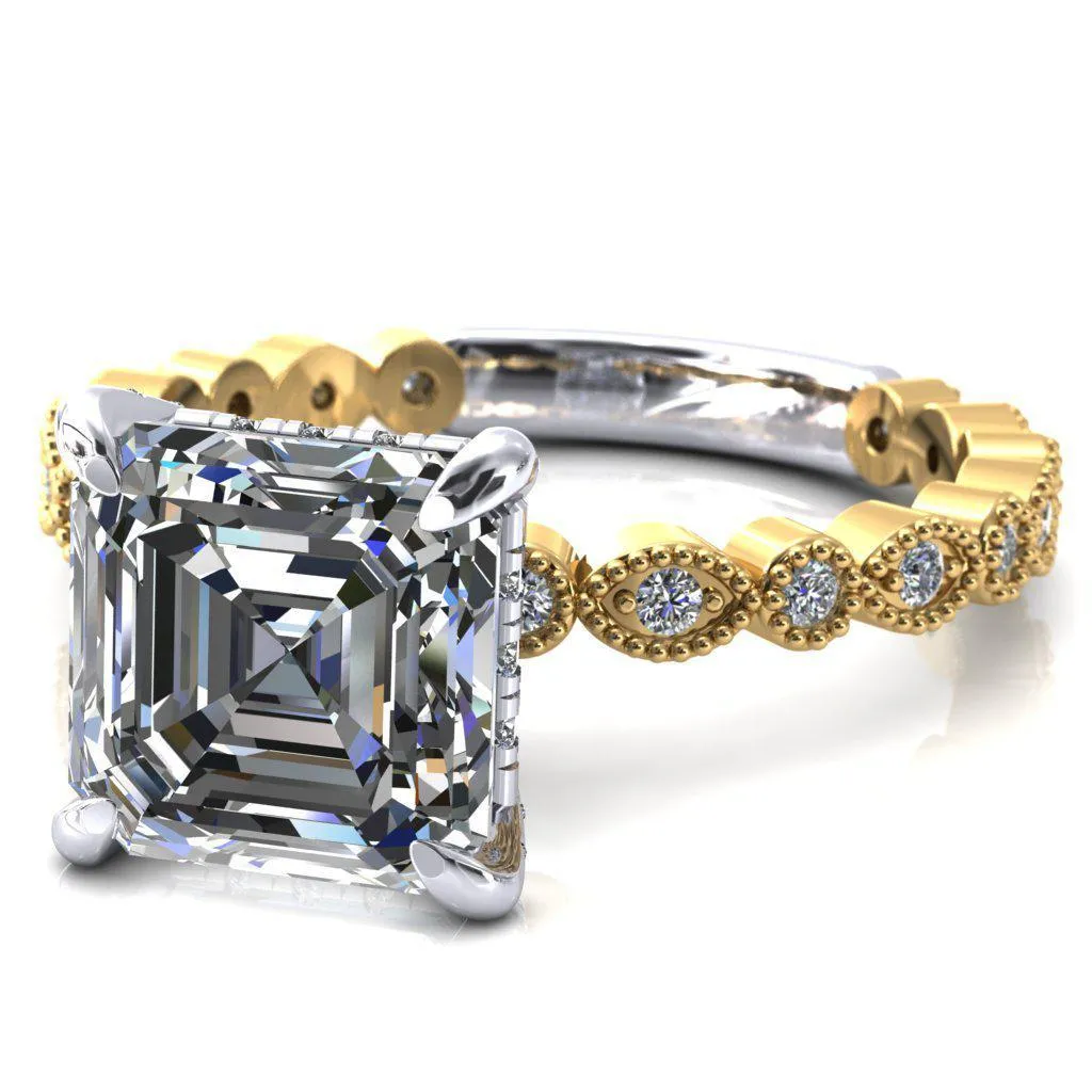 Lizette Asscher Moissanite 4 Claw Prong 3/4 Eternity Milgrain Diamond Shank Engagement Ring