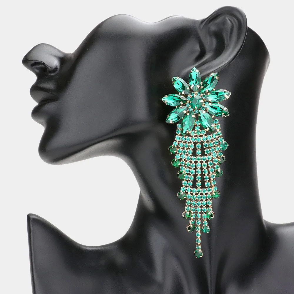 Long Emerald Flower Accented Rhinestone Pageant Earrings | Prom Earrings |  599101