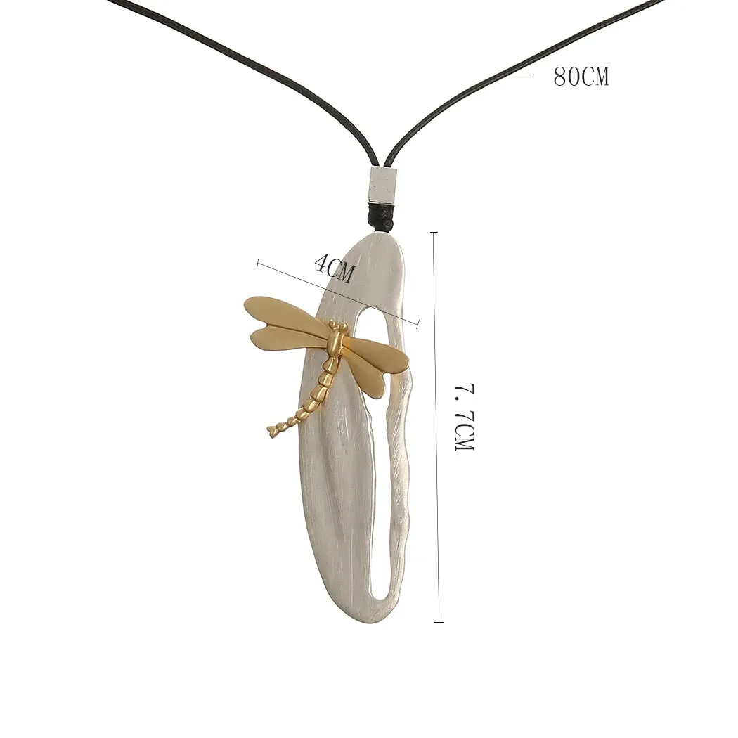 Long Silver Color Geometric Suspension Necklace with Gold Color Dragonfly Pendant