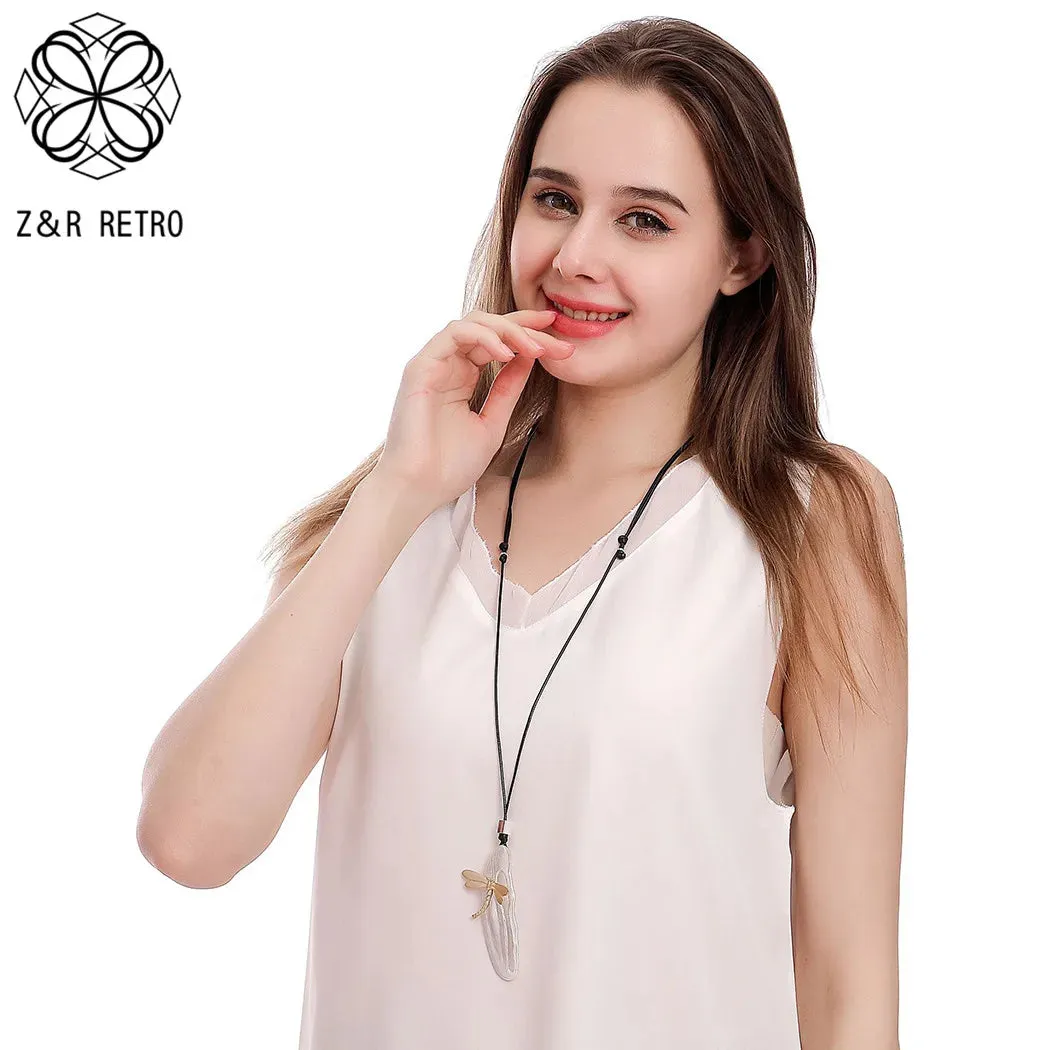 Long Silver Color Geometric Suspension Necklace with Gold Color Dragonfly Pendant