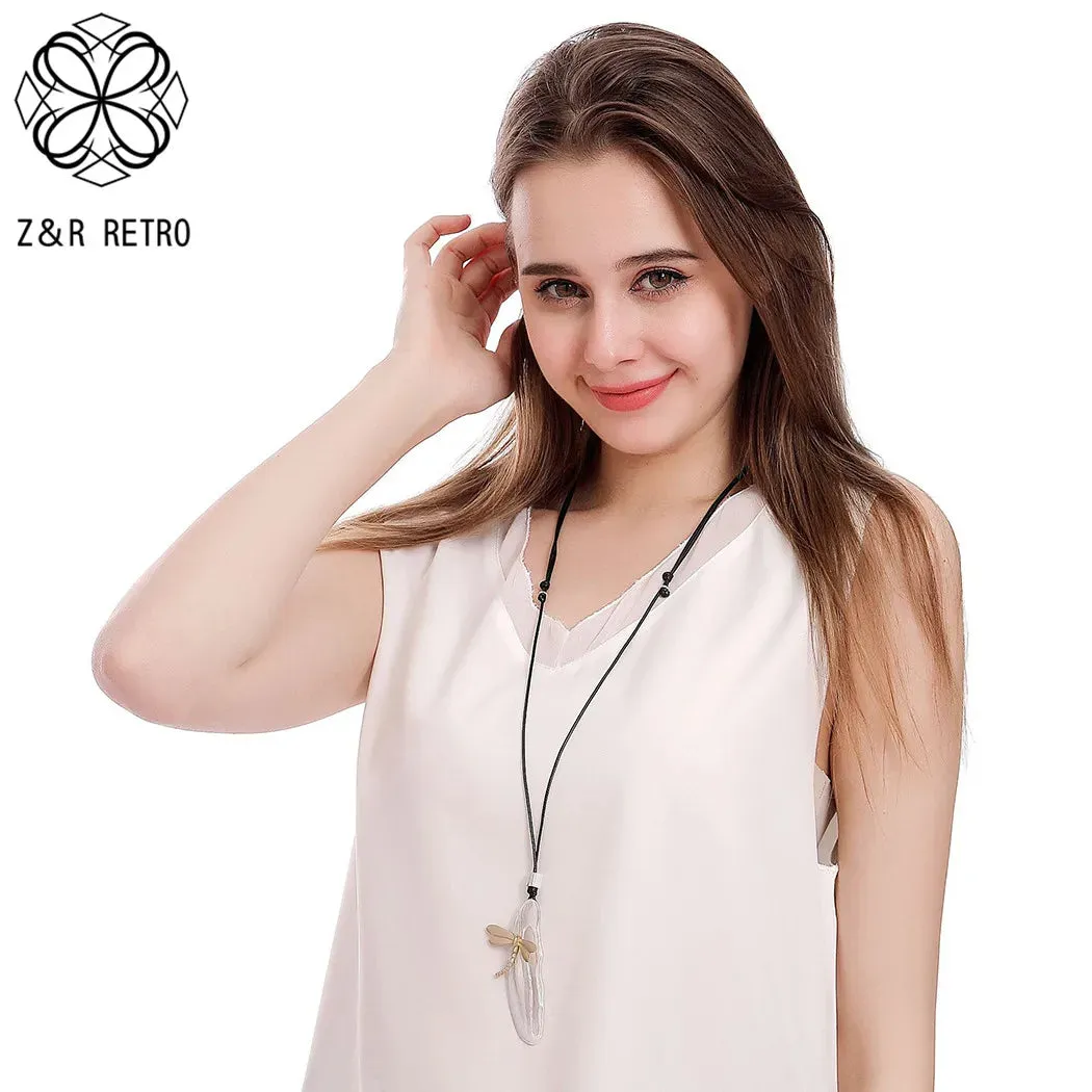 Long Silver Color Geometric Suspension Necklace with Gold Color Dragonfly Pendant