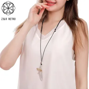 Long Silver Color Geometric Suspension Necklace with Gold Color Dragonfly Pendant