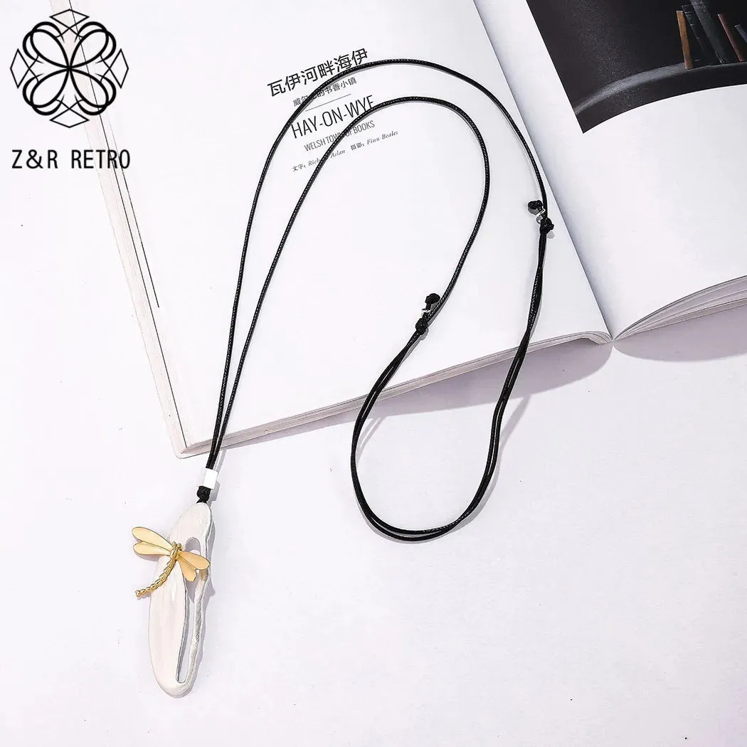 Long Silver Color Geometric Suspension Necklace with Gold Color Dragonfly Pendant