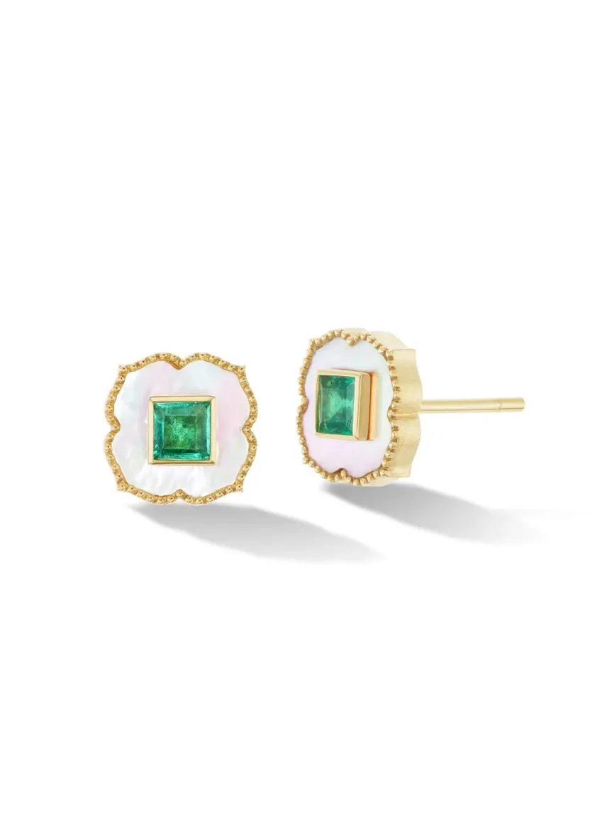 Lotus Inlay Stud Earrings - Emerald