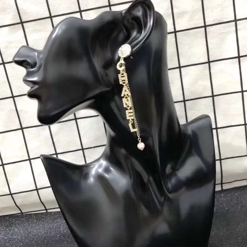 Luxury full diamond letter tassel pearl earrings
