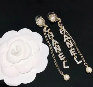 Luxury full diamond letter tassel pearl earrings