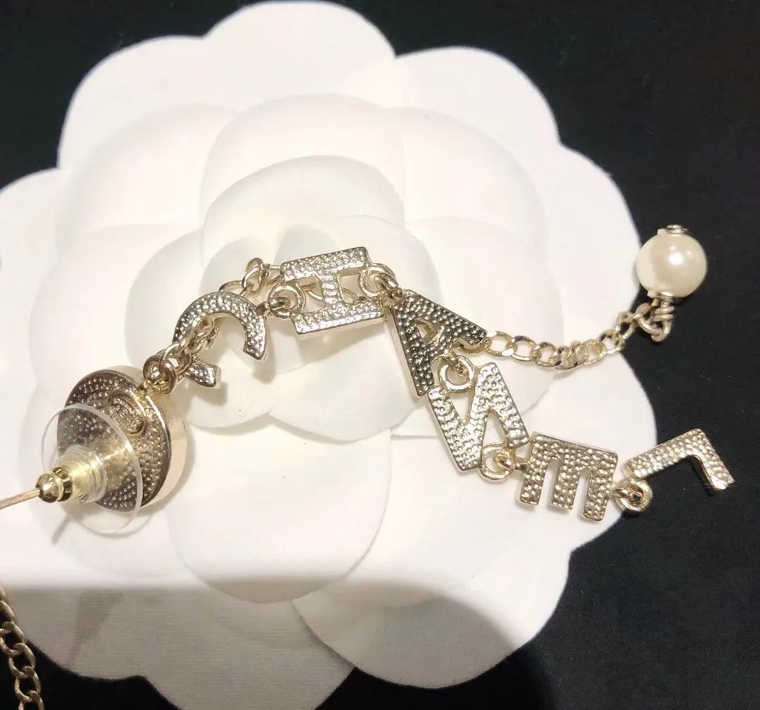 Luxury full diamond letter tassel pearl earrings