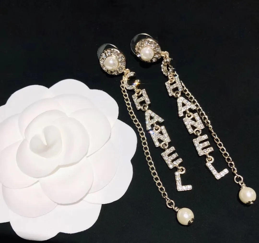 Luxury full diamond letter tassel pearl earrings