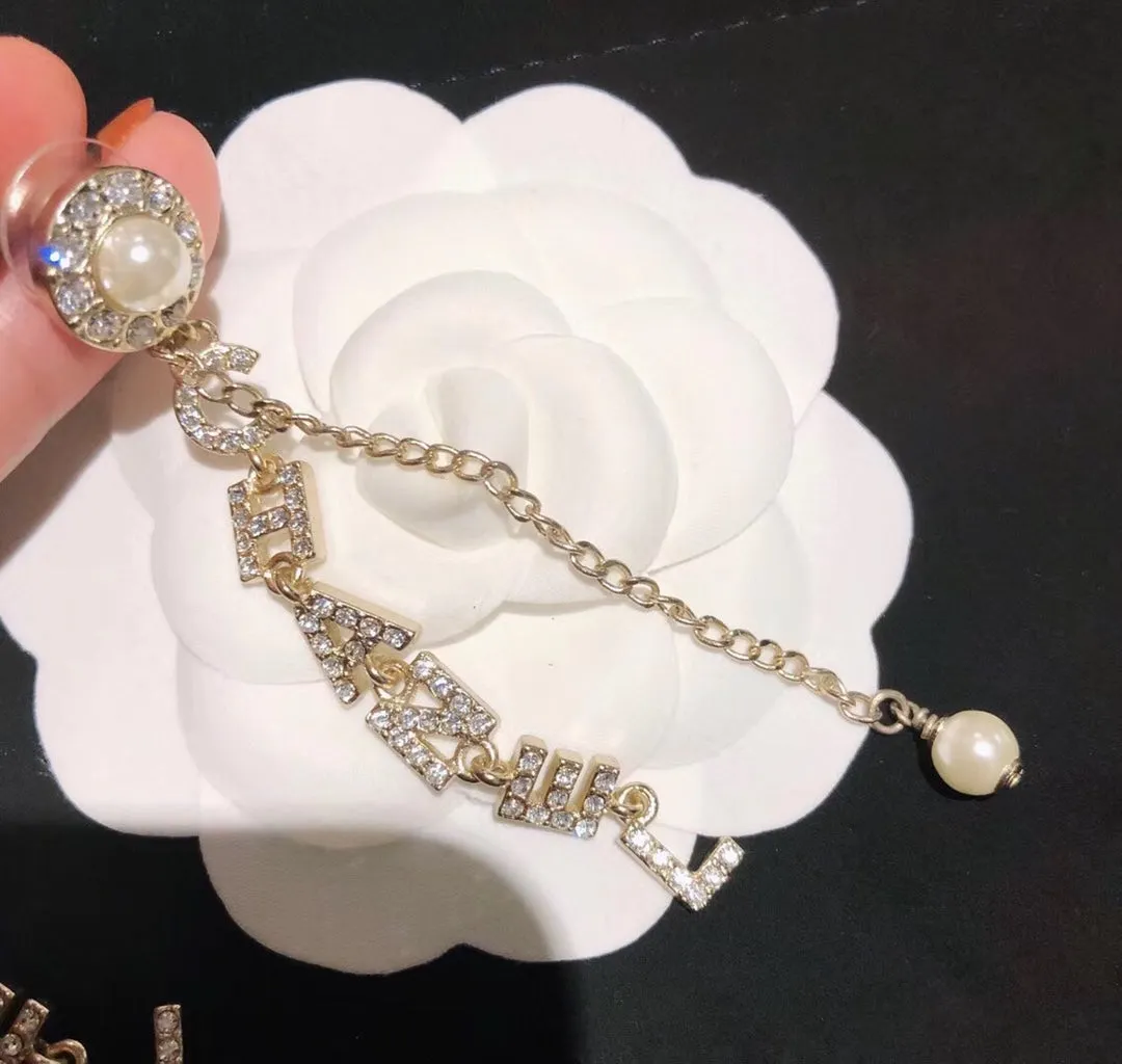 Luxury full diamond letter tassel pearl earrings