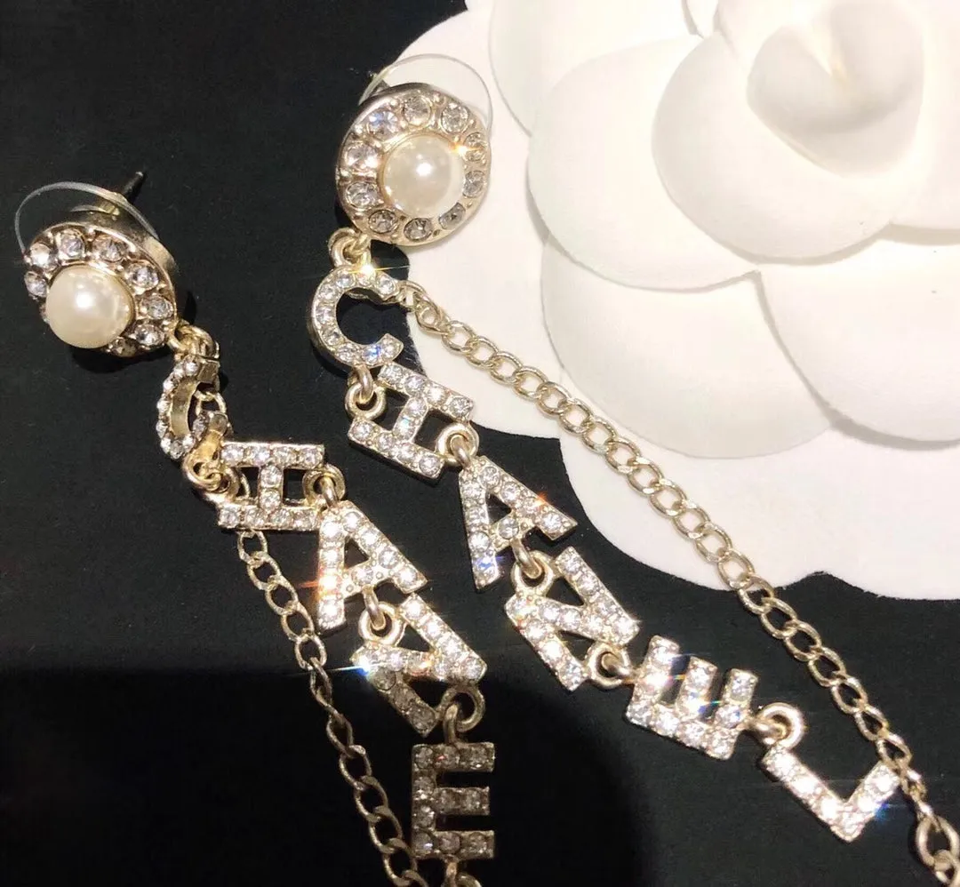 Luxury full diamond letter tassel pearl earrings