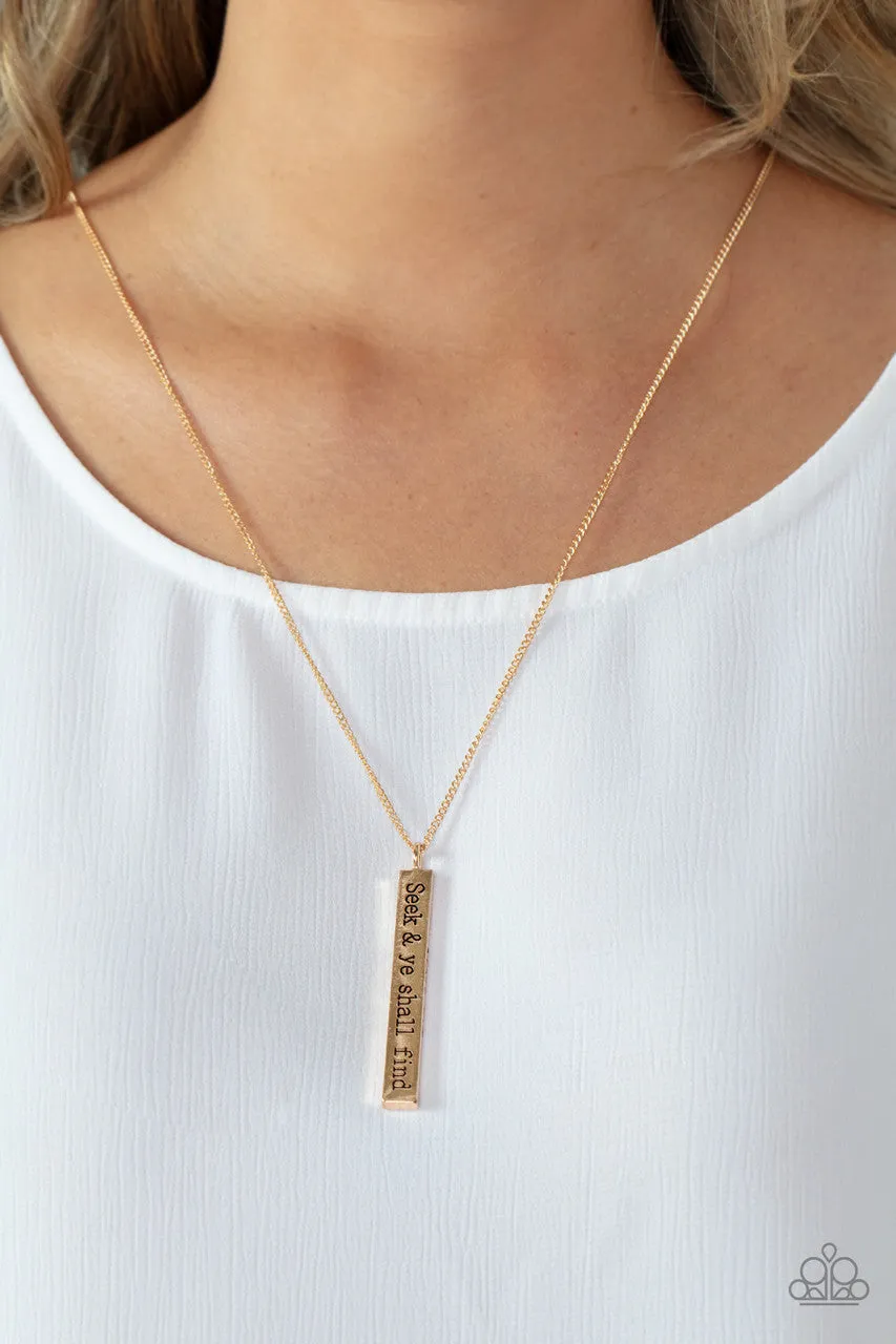 Matt 7:7 - Gold - "Seek and Ye Shall Find" Inspirational Religious Bar Paparazzi Short Necklace