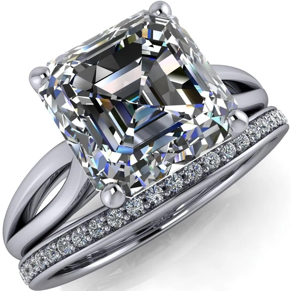 Maxwell Asscher Moissanite 4 Prong Split Shank Engagement Ring