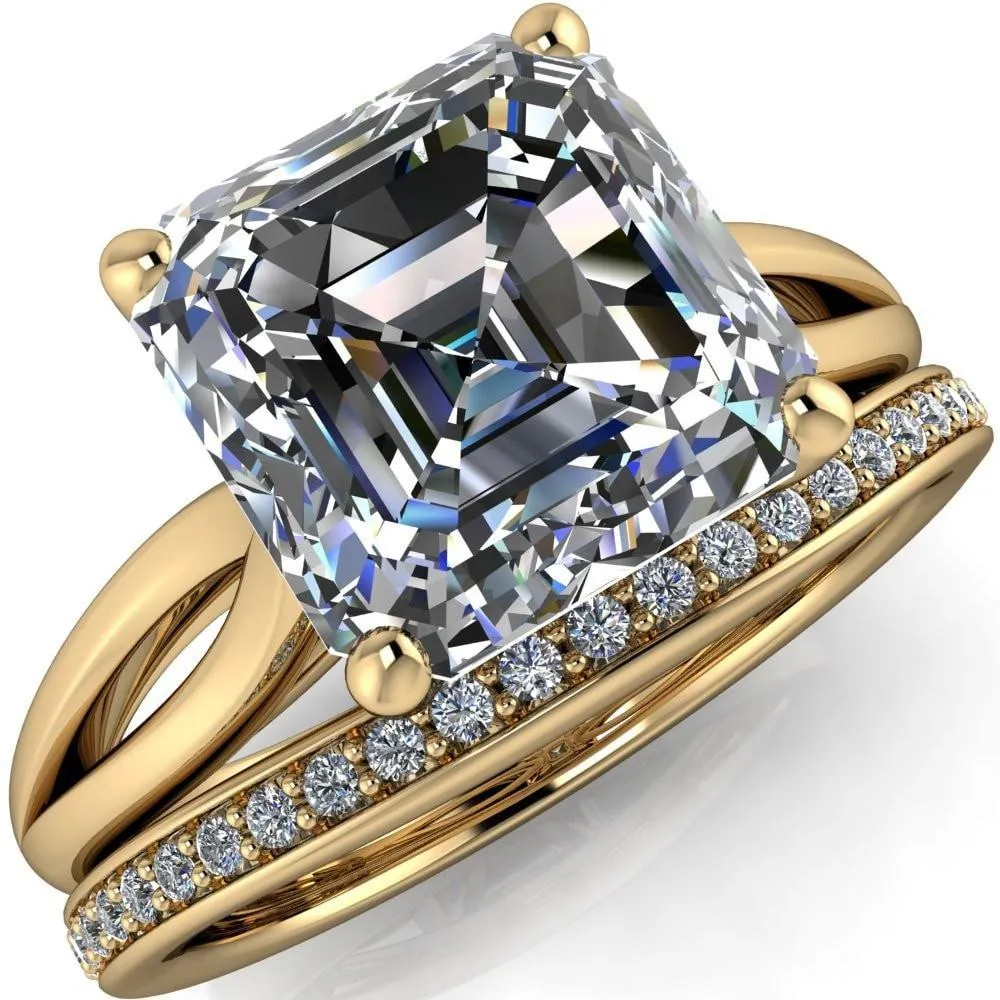Maxwell Asscher Moissanite 4 Prong Split Shank Engagement Ring