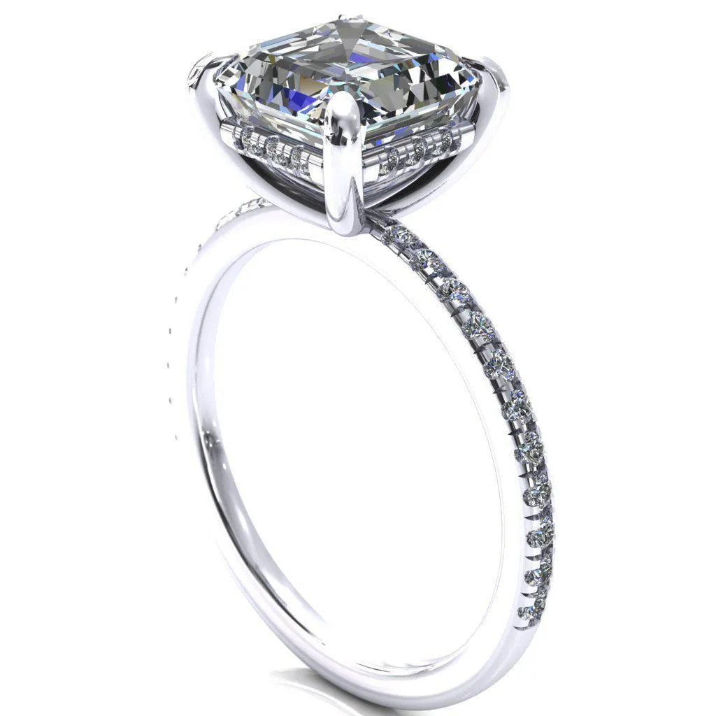 Mayeli Asscher Moissanite 4 Claw Prong Micro Pave Diamond Sides Engagement Ring