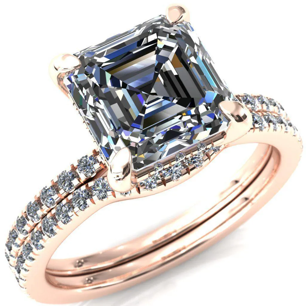Mayeli Asscher Moissanite 4 Claw Prong Micro Pave Diamond Sides Engagement Ring