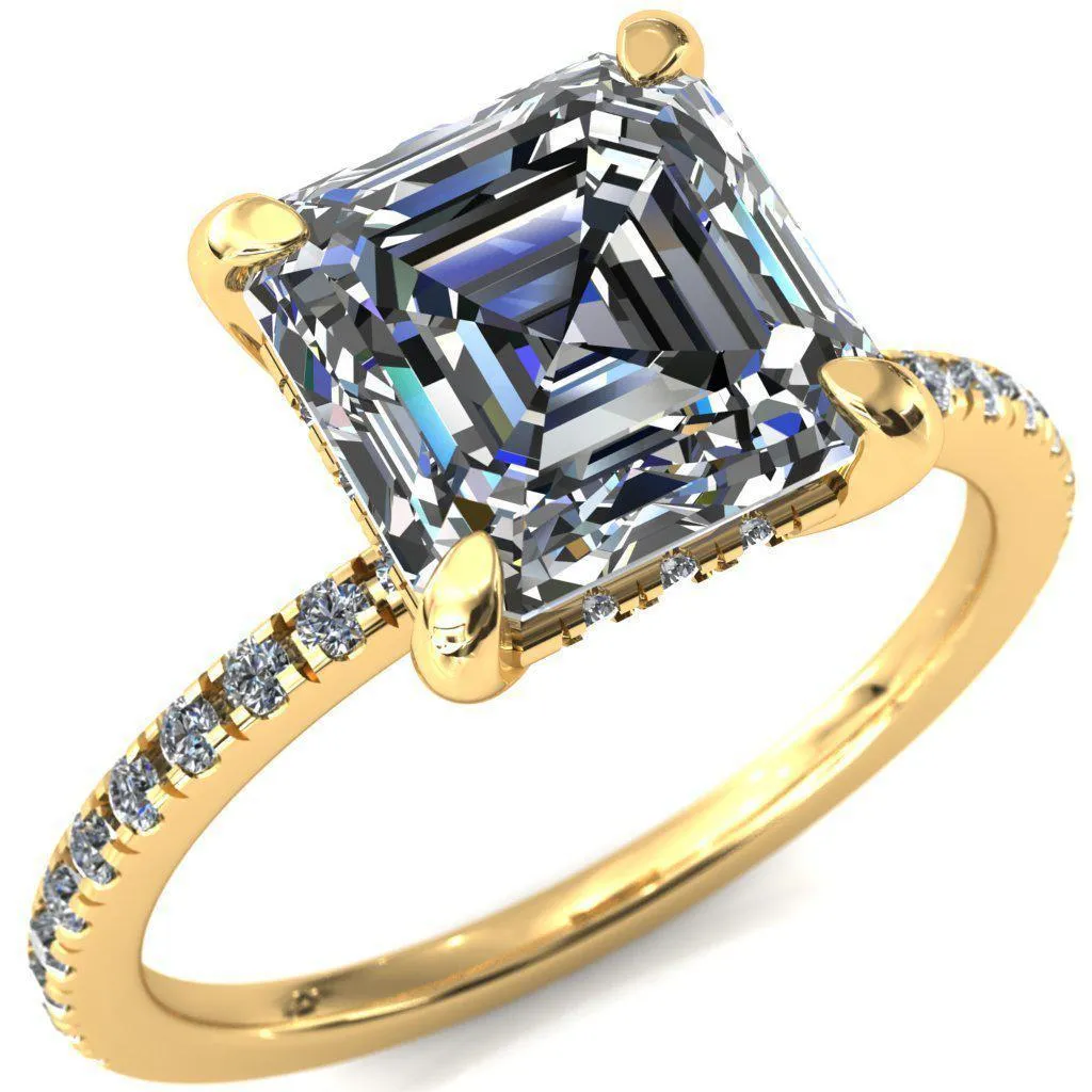 Mayeli Asscher Moissanite 4 Claw Prong Micro Pave Diamond Sides Engagement Ring