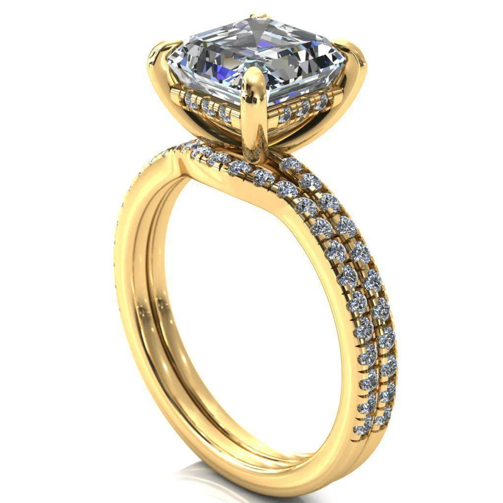 Mayeli Asscher Moissanite 4 Claw Prong Micro Pave Diamond Sides Engagement Ring