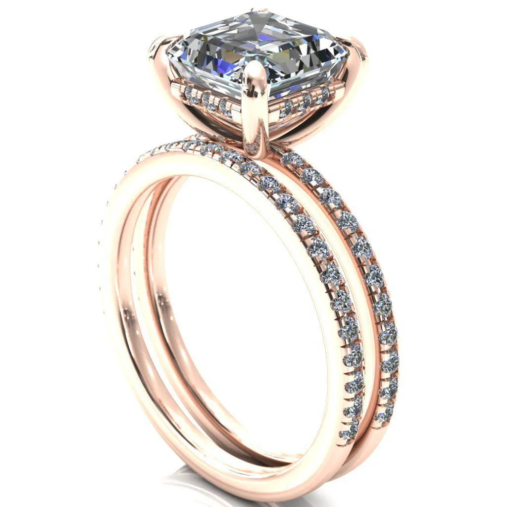 Mayeli Asscher Moissanite 4 Claw Prong Micro Pave Diamond Sides Engagement Ring