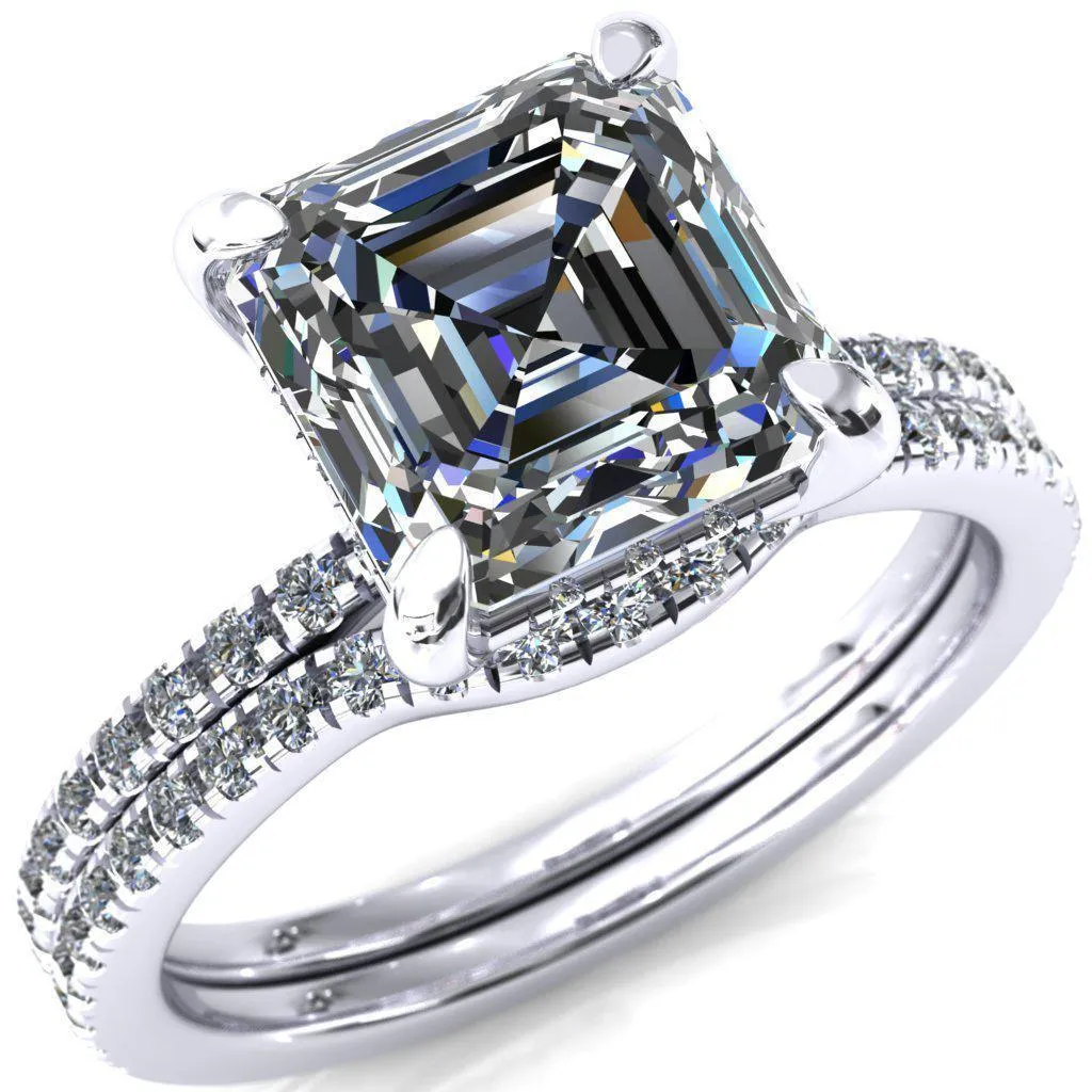 Mayeli Asscher Moissanite 4 Claw Prong Micro Pave Diamond Sides Engagement Ring