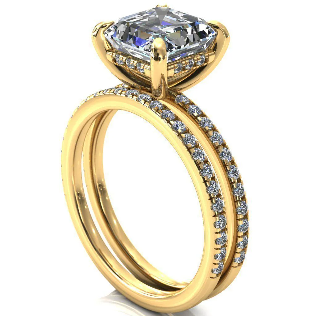 Mayeli Asscher Moissanite 4 Claw Prong Micro Pave Diamond Sides Engagement Ring
