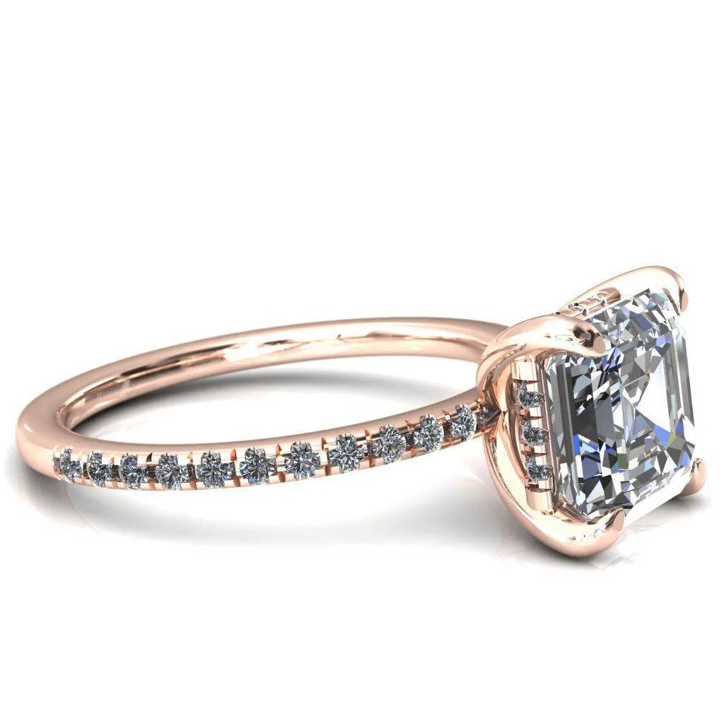 Mayeli Asscher Moissanite 4 Claw Prong Micro Pave Diamond Sides Engagement Ring