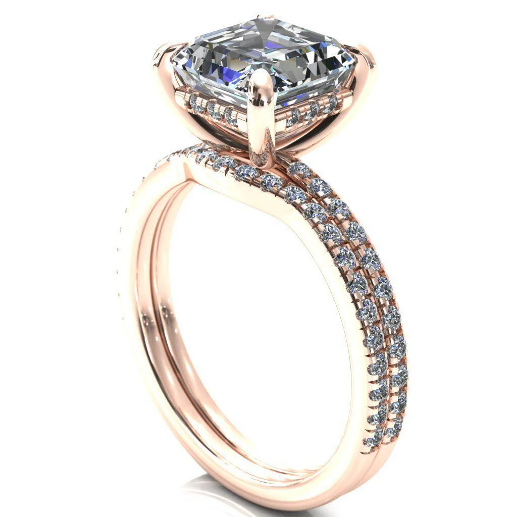 Mayeli Asscher Moissanite 4 Claw Prong Micro Pave Diamond Sides Engagement Ring