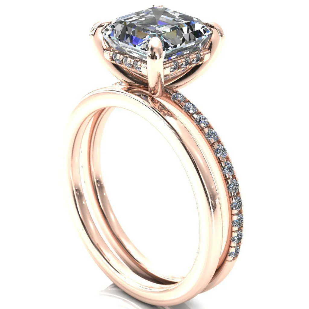 Mayeli Asscher Moissanite 4 Claw Prong Micro Pave Diamond Sides Engagement Ring