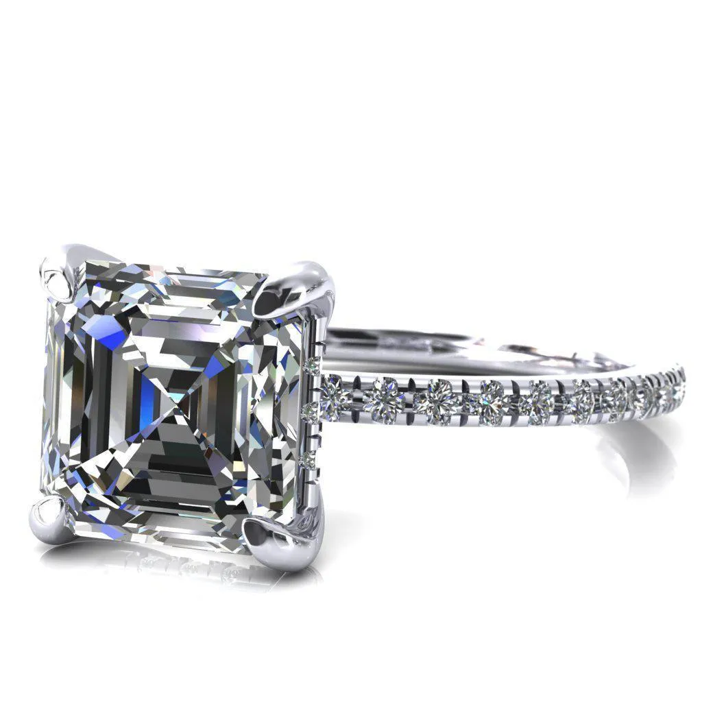 Mayeli Asscher Moissanite 4 Claw Prong Micro Pave Diamond Sides Engagement Ring