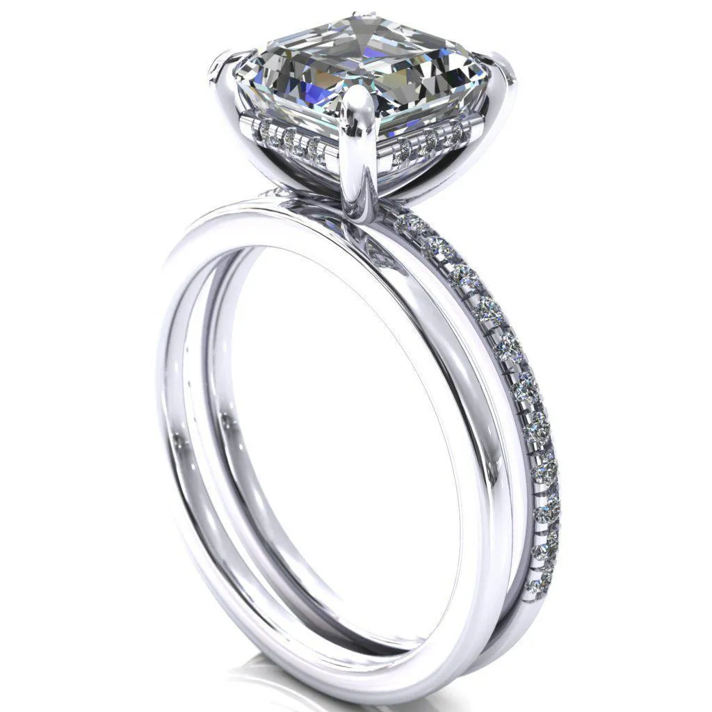 Mayeli Asscher Moissanite 4 Claw Prong Micro Pave Diamond Sides Engagement Ring