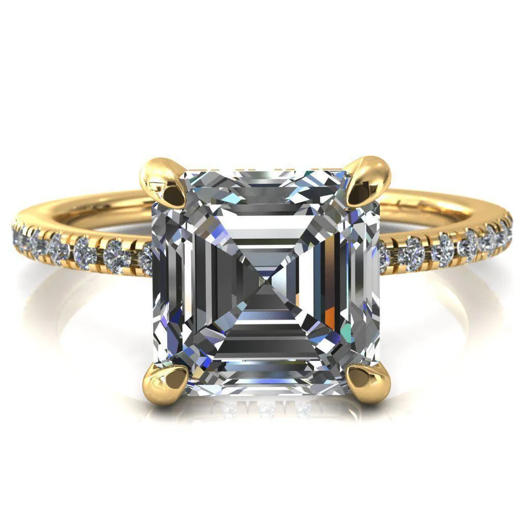 Mayeli Asscher Moissanite 4 Claw Prong Micro Pave Diamond Sides Engagement Ring
