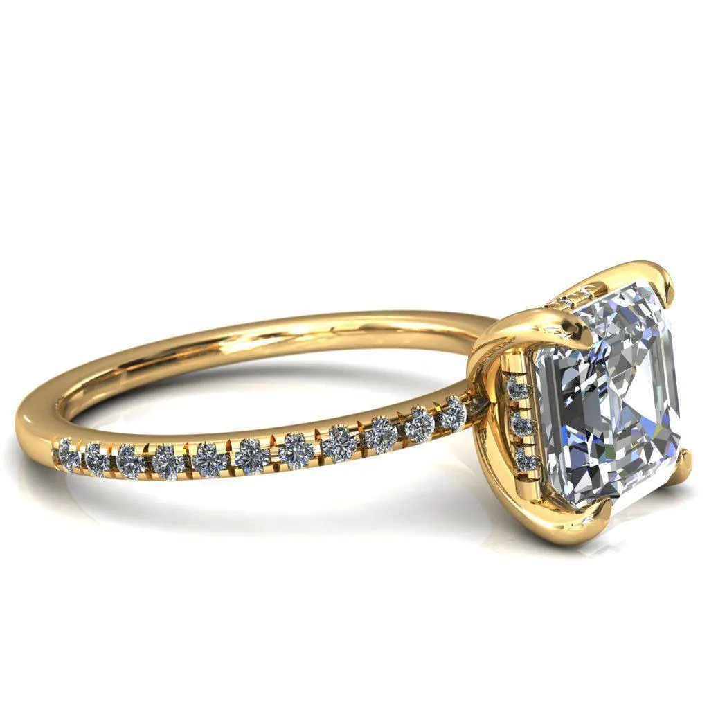 Mayeli Asscher Moissanite 4 Claw Prong Micro Pave Diamond Sides Engagement Ring