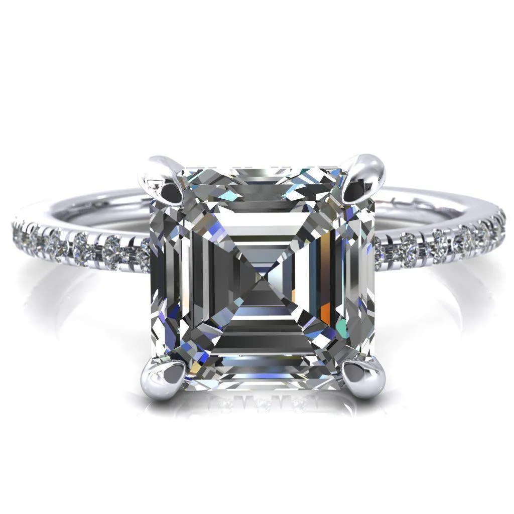 Mayeli Asscher Moissanite 4 Claw Prong Micro Pave Diamond Sides Engagement Ring