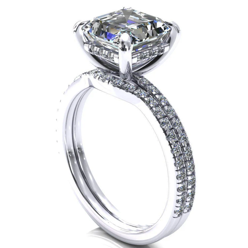 Mayeli Asscher Moissanite 4 Claw Prong Micro Pave Diamond Sides Engagement Ring